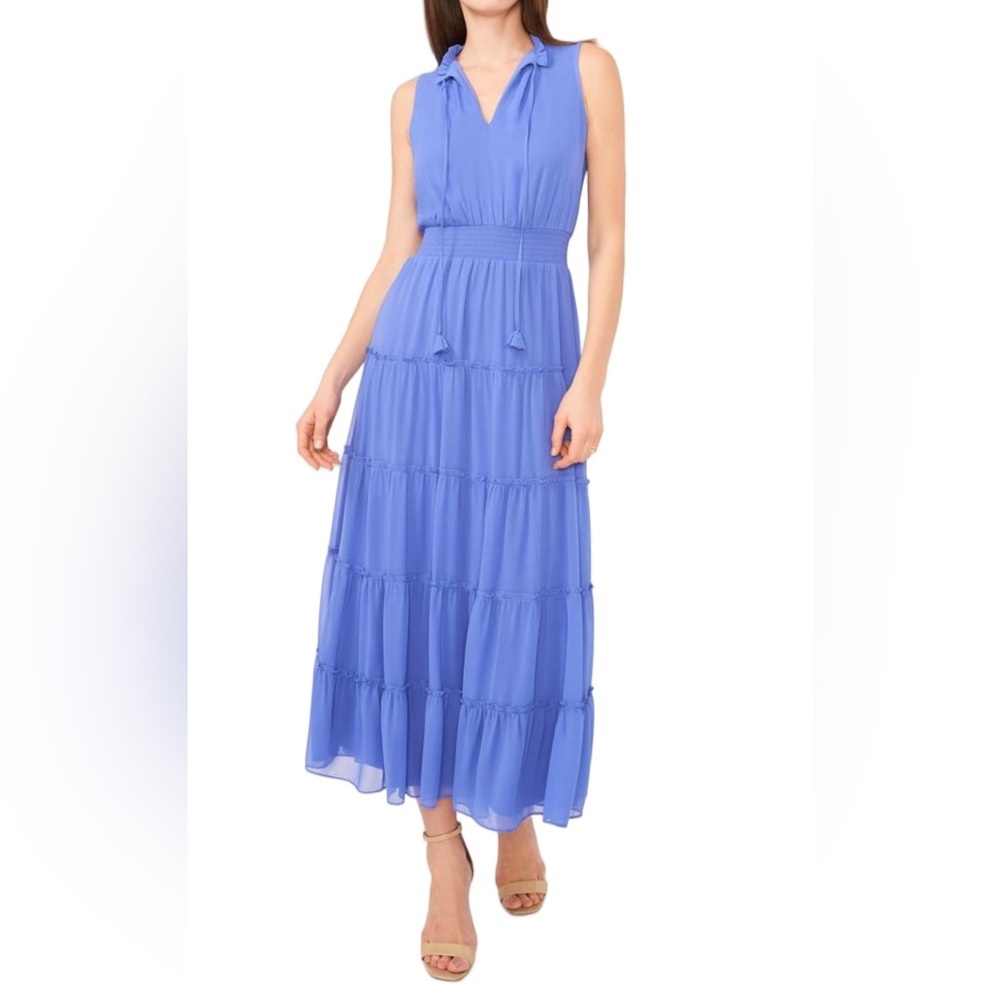 Halogen Women's Amparo Blue Tiered Tie Neck Smock Waist Maxi Dress - Sz Lrg, NWT